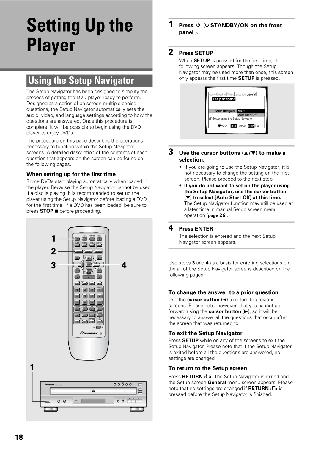 Pioneer DV-C603 operating instructions Setting Up the Player, Using the Setup Navigator 