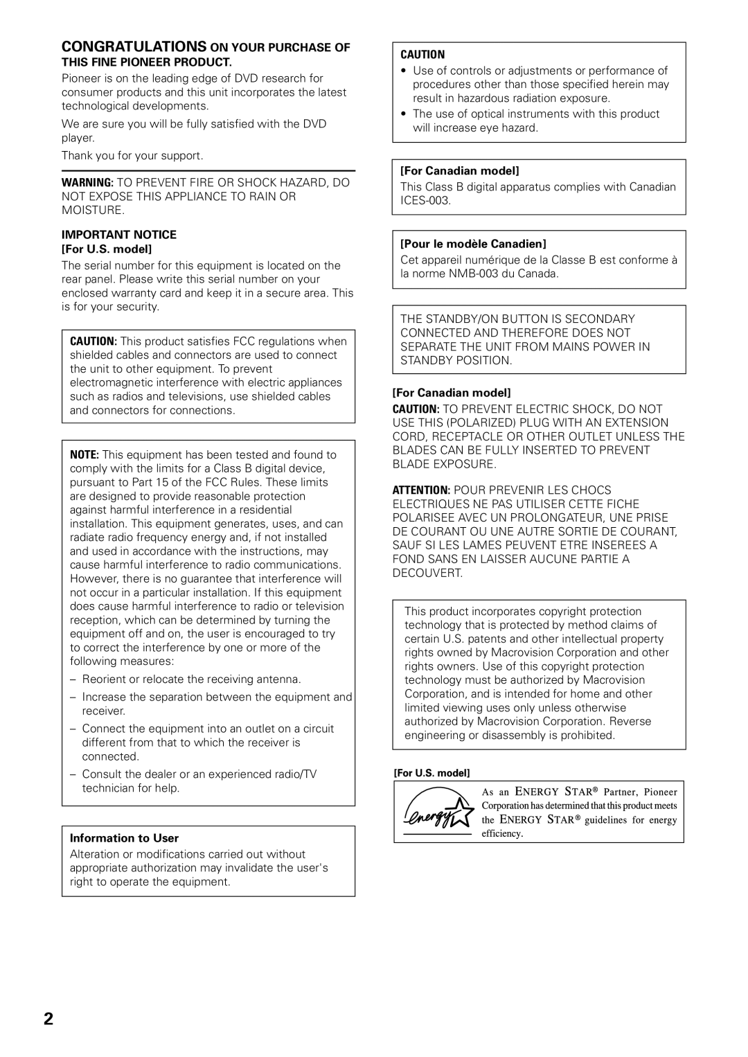 Pioneer DV-C603 Important Notice For U.S. model, Information to User, For Canadian model, Pour le modèle Canadien 