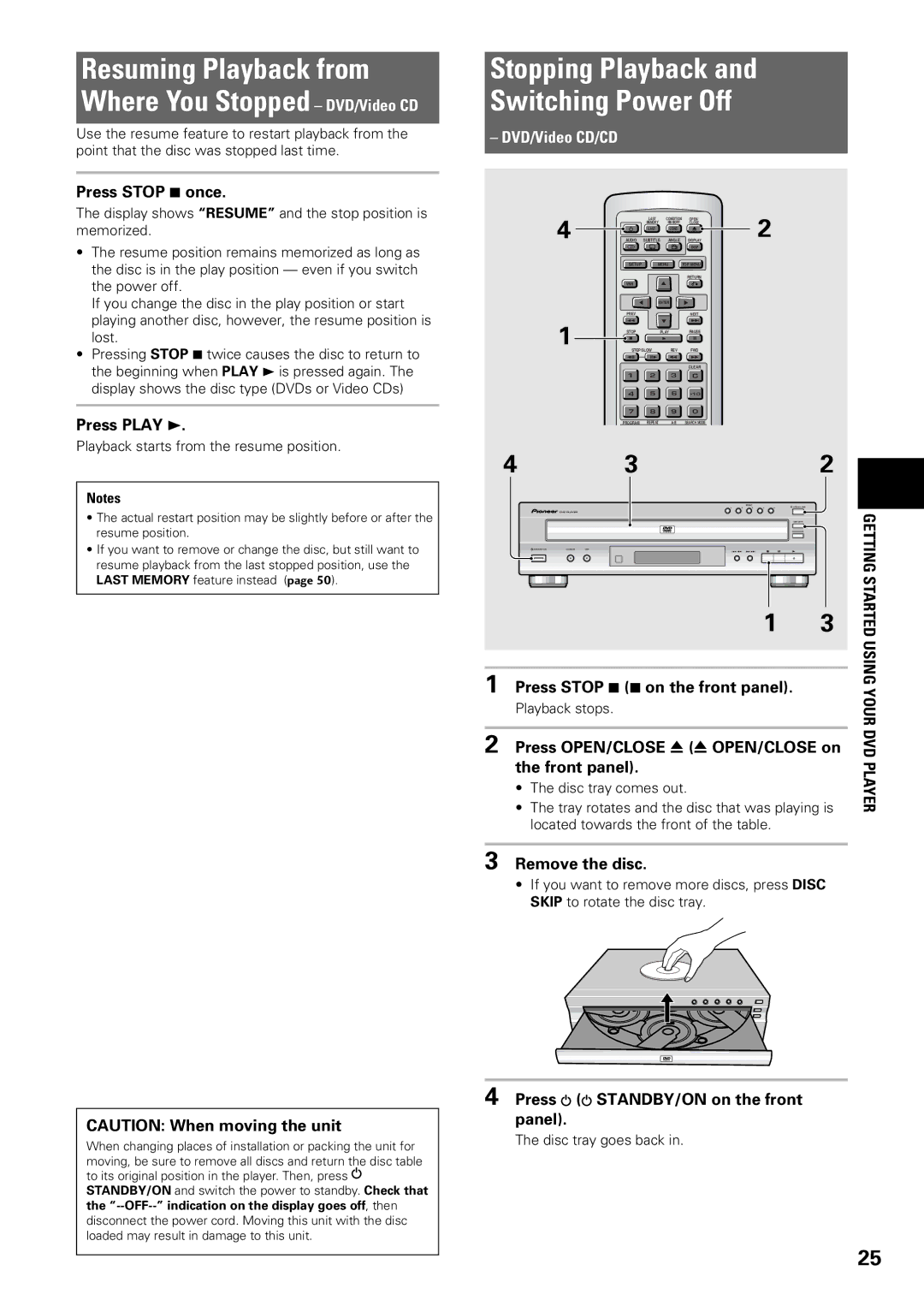 Pioneer DV-C603 Resuming Playback from Where You Stopped DVD/Video CD, Stopping Playback Switching Power Off 