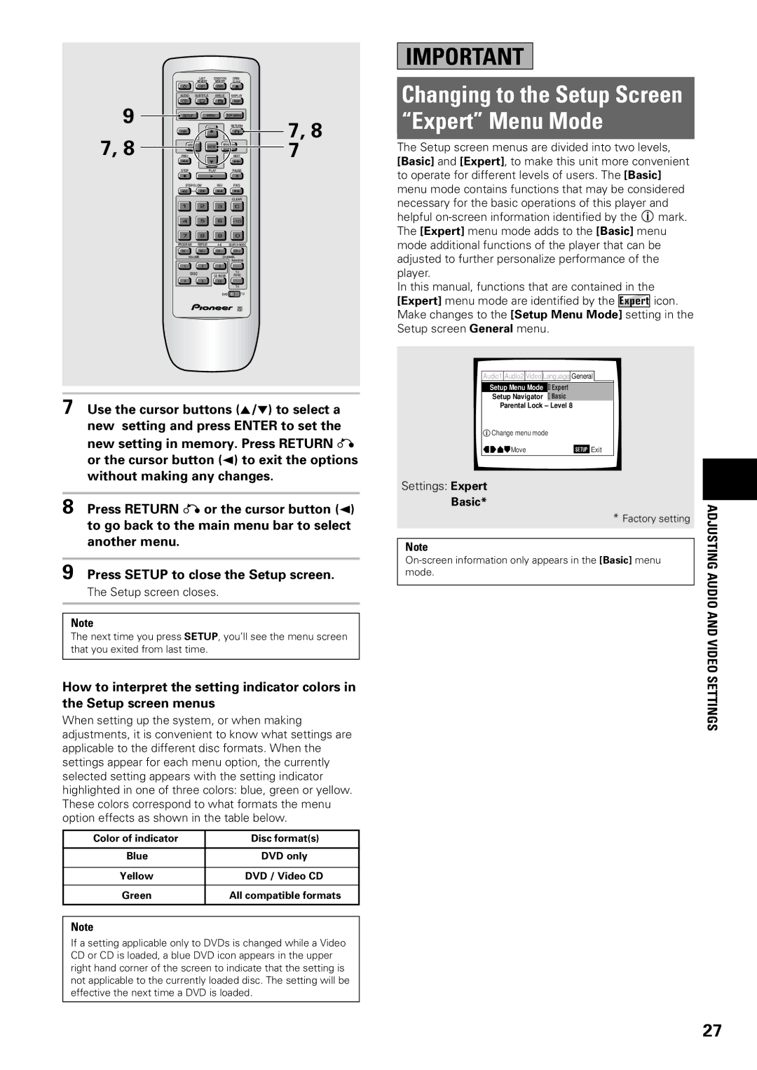 Pioneer DV-C603 Changing to the Setup Screen Expert Menu Mode, Audio and Video Settings, Setup screen closes, Basic 