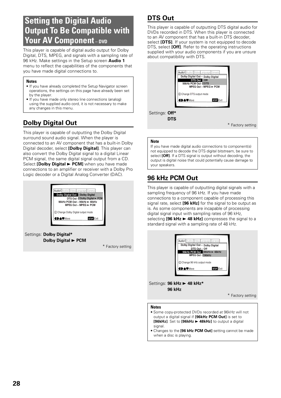 Pioneer DV-C603 operating instructions Dolby Digital Out, DTS Out, KHz PCM Out, Settings Dolby Digital Dolby Digital 3 PCM 