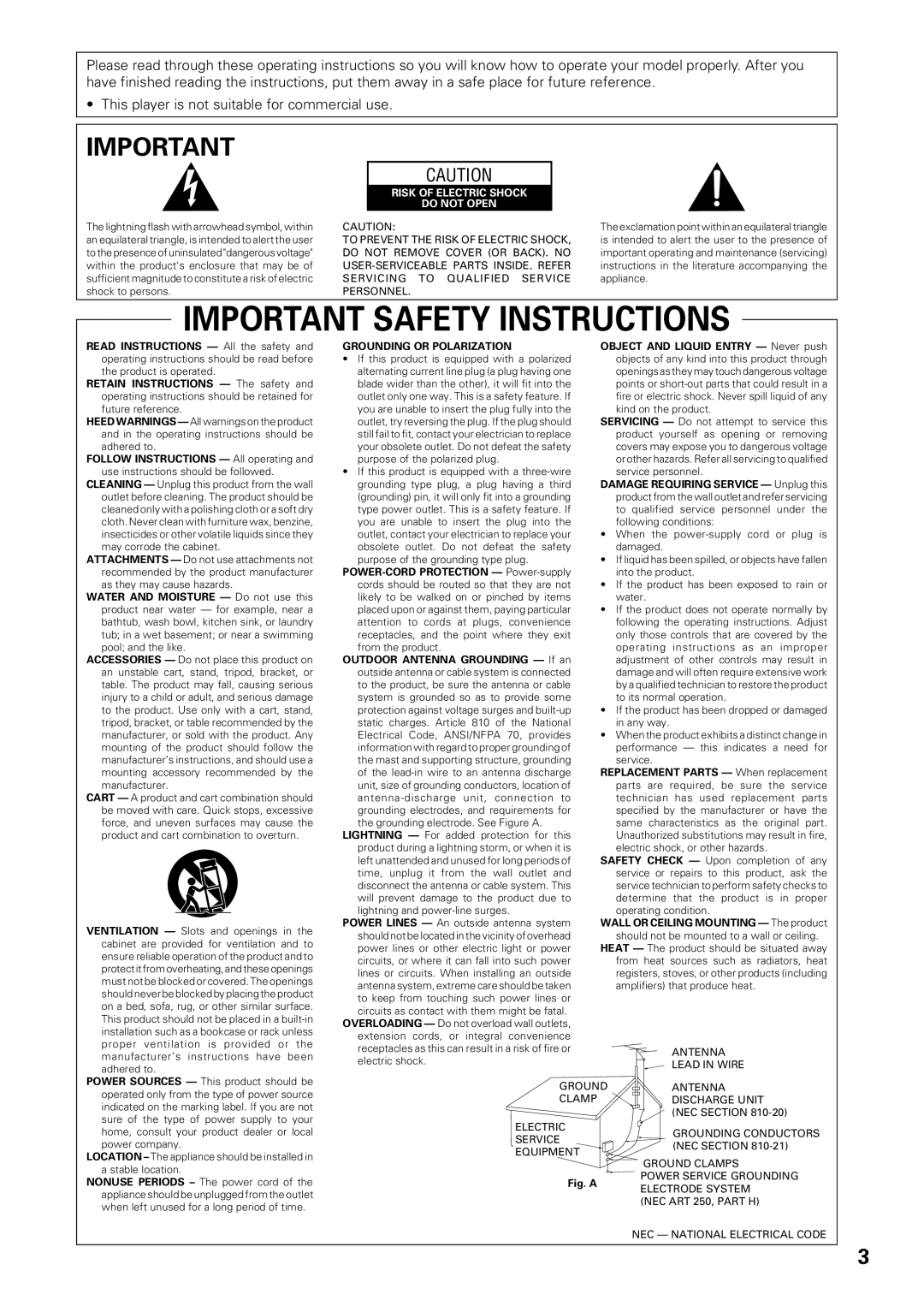 Pioneer DV-C603 operating instructions Important Safety Instructions 