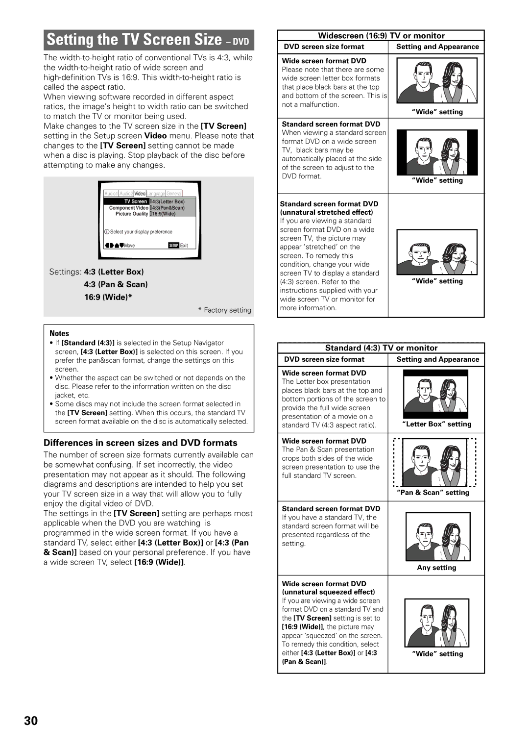 Pioneer DV-C603 operating instructions Differences in screen sizes and DVD formats, Settings 43 Letter Box Pan & Scan Wide 