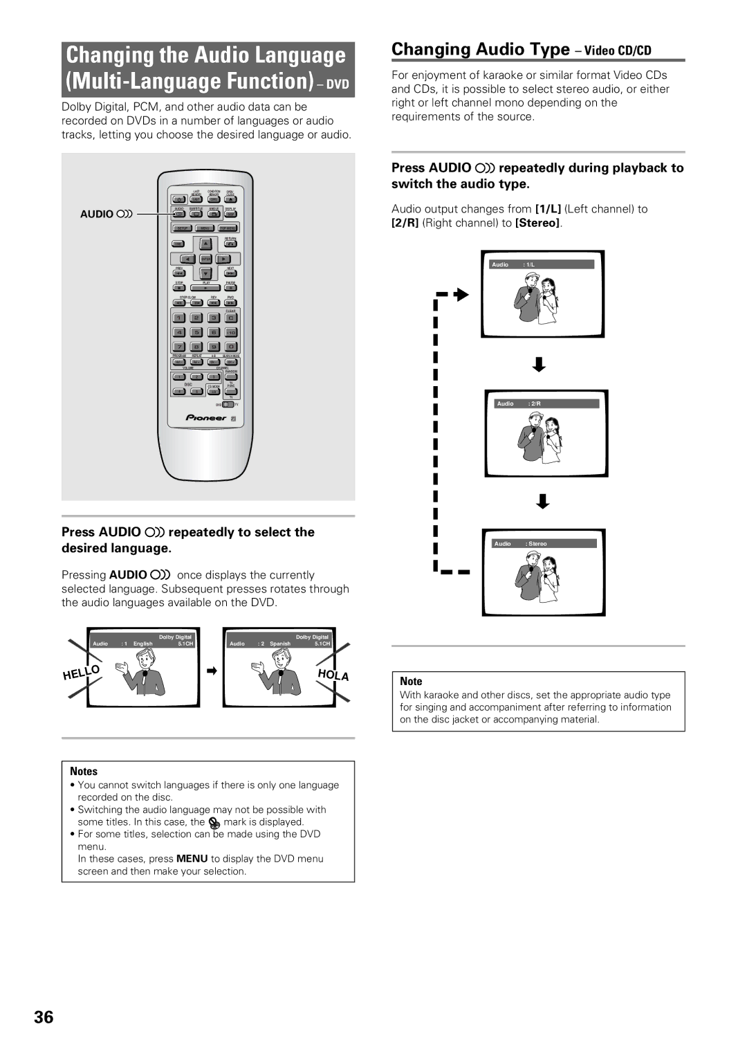 Pioneer DV-C603 Changing Audio Type Video CD/CD, Press Audio repeatedly to select the desired language 