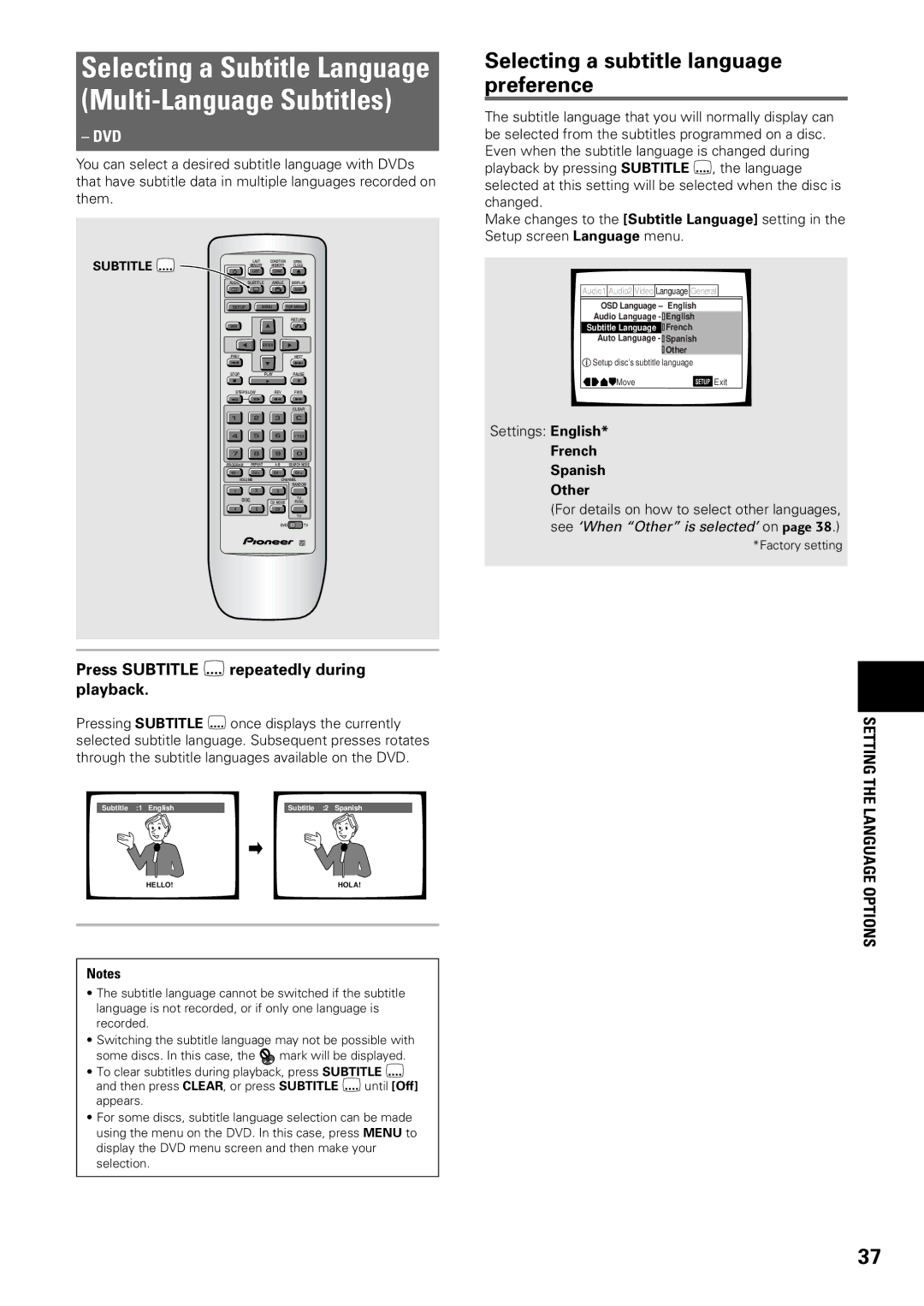 Pioneer DV-C603 operating instructions Selecting a subtitle language preference, Press Subtitle repeatedly during playback 