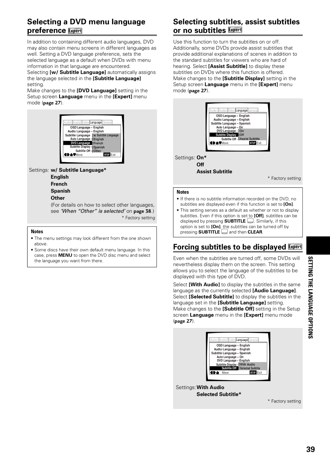 Pioneer DV-C603 Selecting a DVD menu language preference Expert, Forcing subtitles to be displayed Expert 