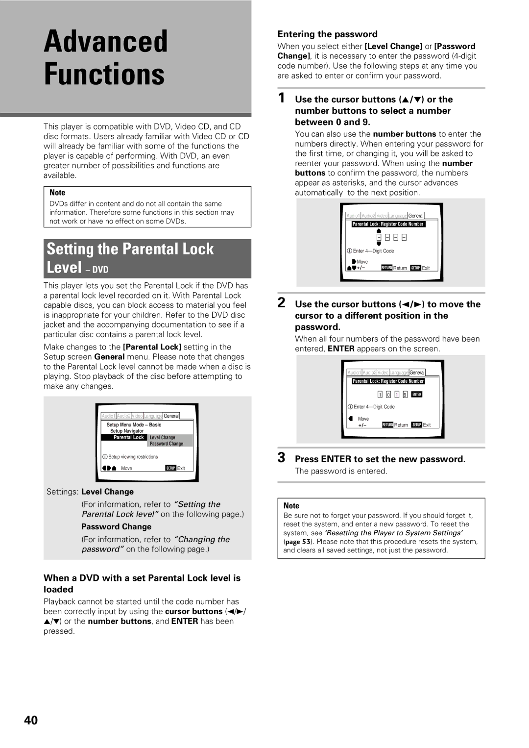 Pioneer DV-C603 operating instructions Advanced Functions, Setting the Parental Lock Level DVD, Entering the password 