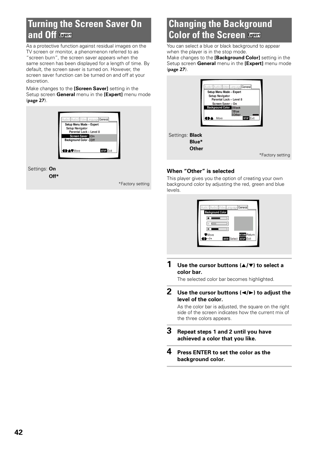 Pioneer DV-C603 Turning the Screen Saver On Off Expert, Changing the Background Color of the Screen Expert, Blue Other 
