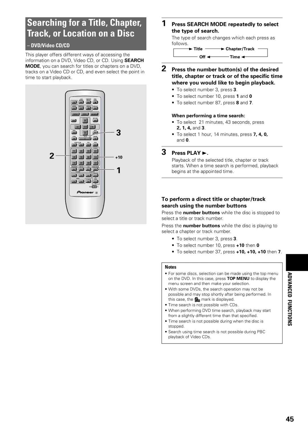 Pioneer DV-C603 Press Search Mode repeatedly to select the type of search, When performing a time search, +10 