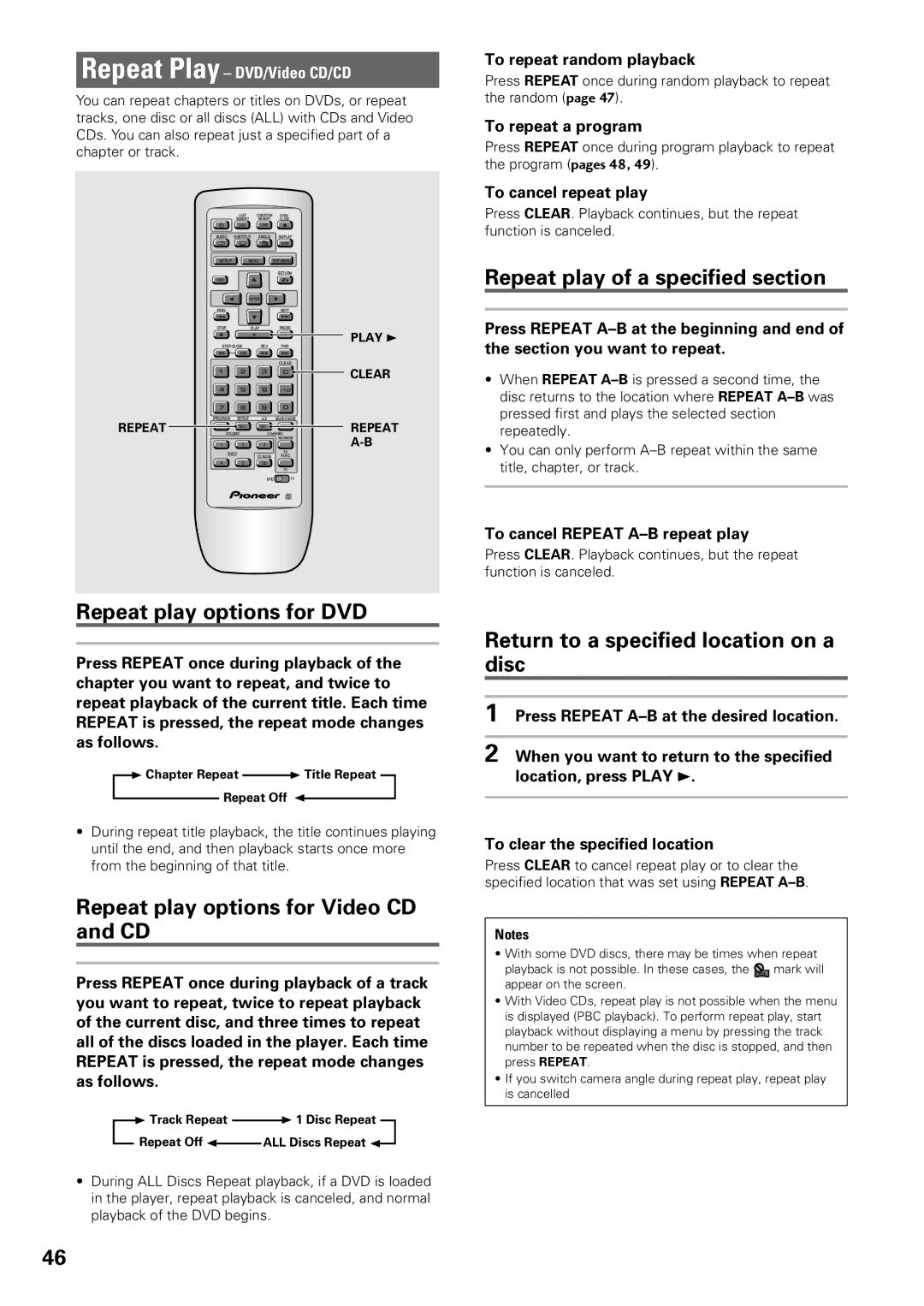 Pioneer DV-C603 Repeat play options for DVD, Repeat play options for Video CD and CD, Repeat play of a specified section 