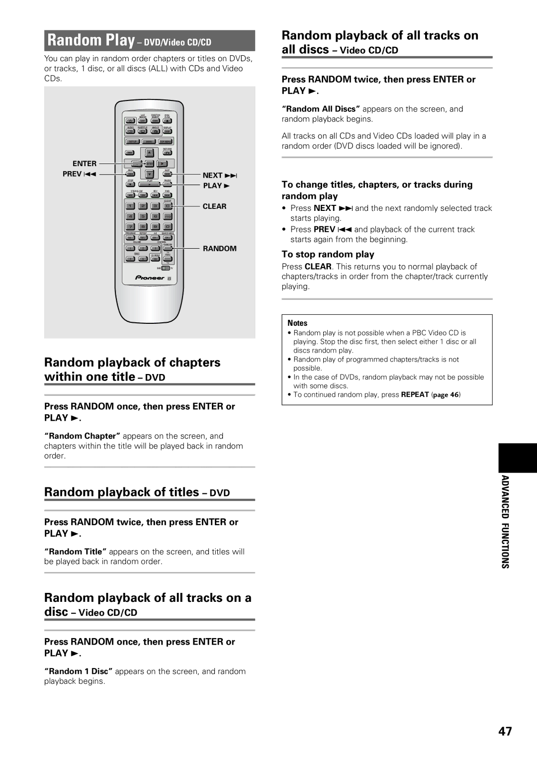 Pioneer DV-C603 operating instructions Random playback of chapters within one title DVD, Random playback of titles DVD 