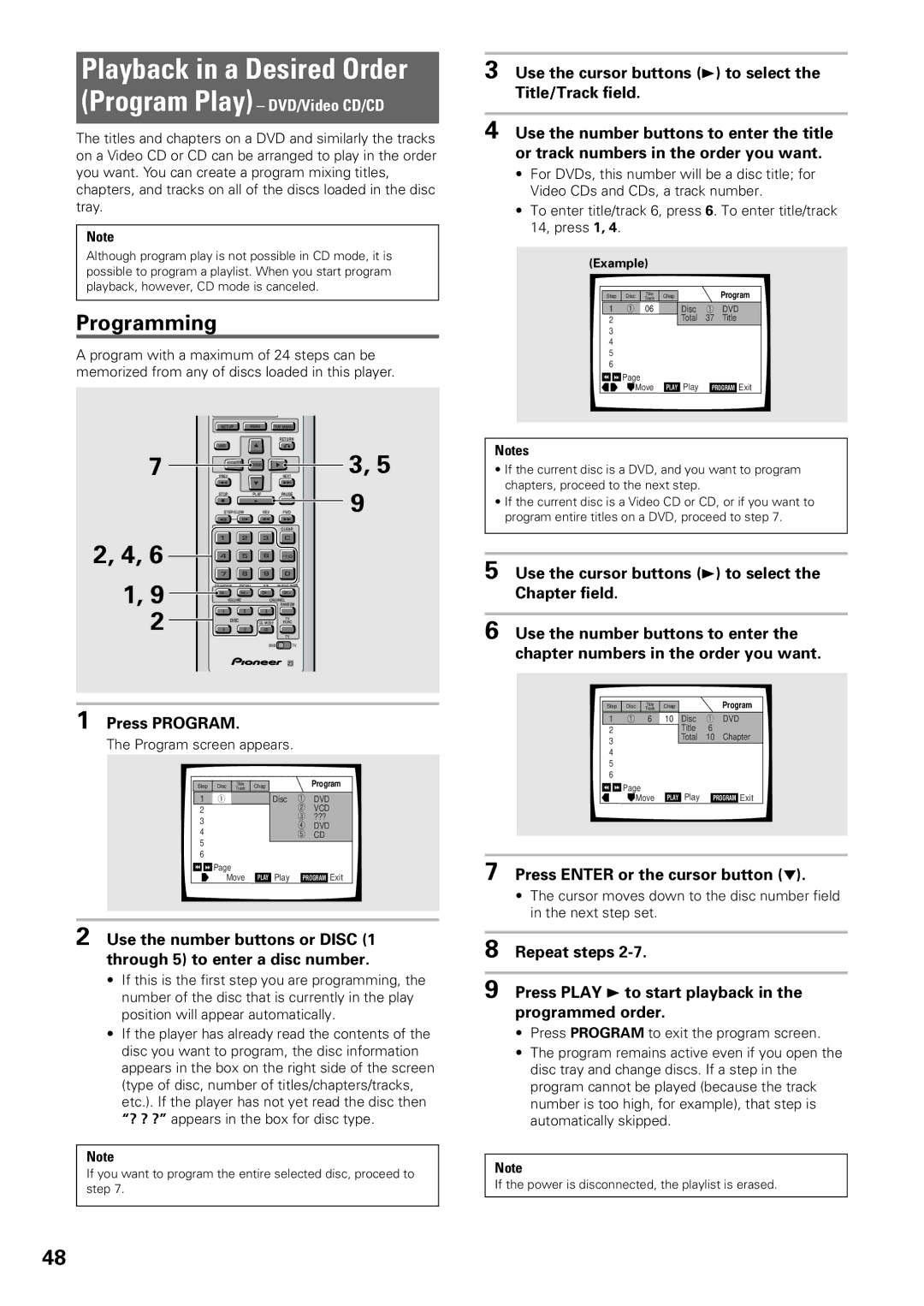 Pioneer DV-C603 operating instructions Playback in a Desired Order, Programming, Program Play DVD/Video CD/CD 