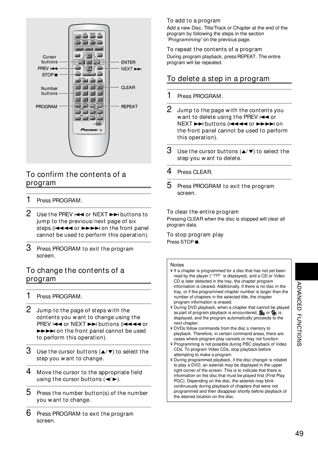 Pioneer DV-C603 To confirm the contents of a program, To change the contents of a program, To delete a step in a program 