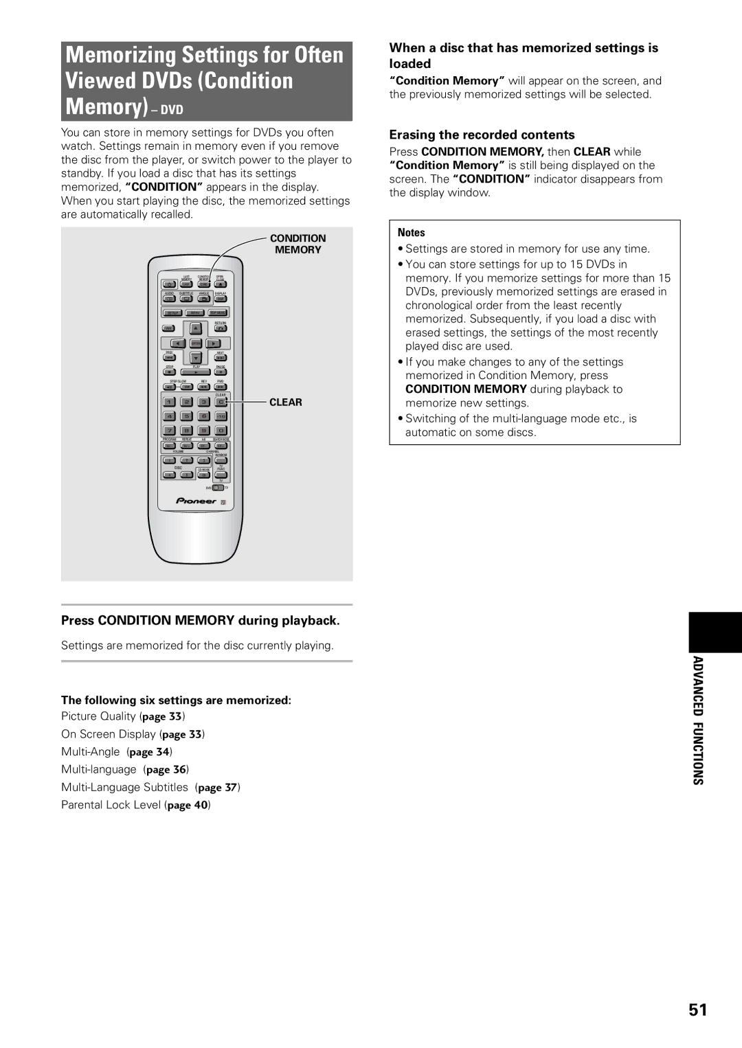 Pioneer DV-C603 operating instructions When a disc that has memorized settings is loaded, Erasing the recorded contents 