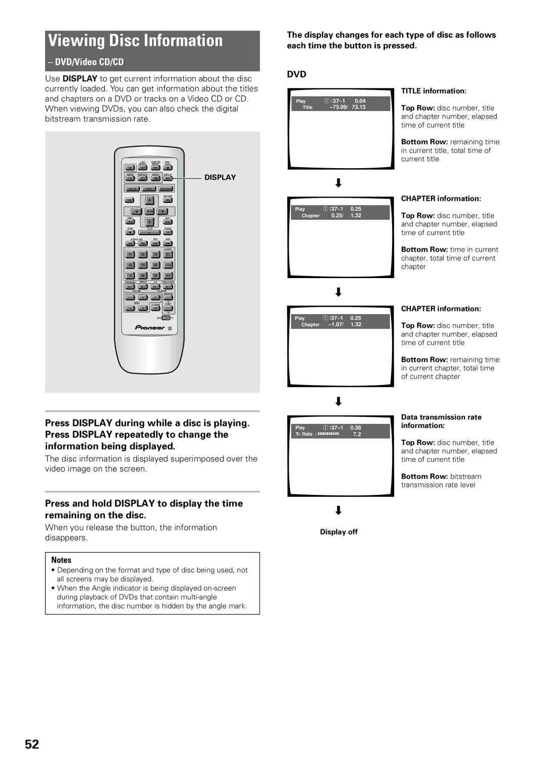 Pioneer DV-C603 operating instructions Viewing Disc Information, When you release the button, the information disappears 