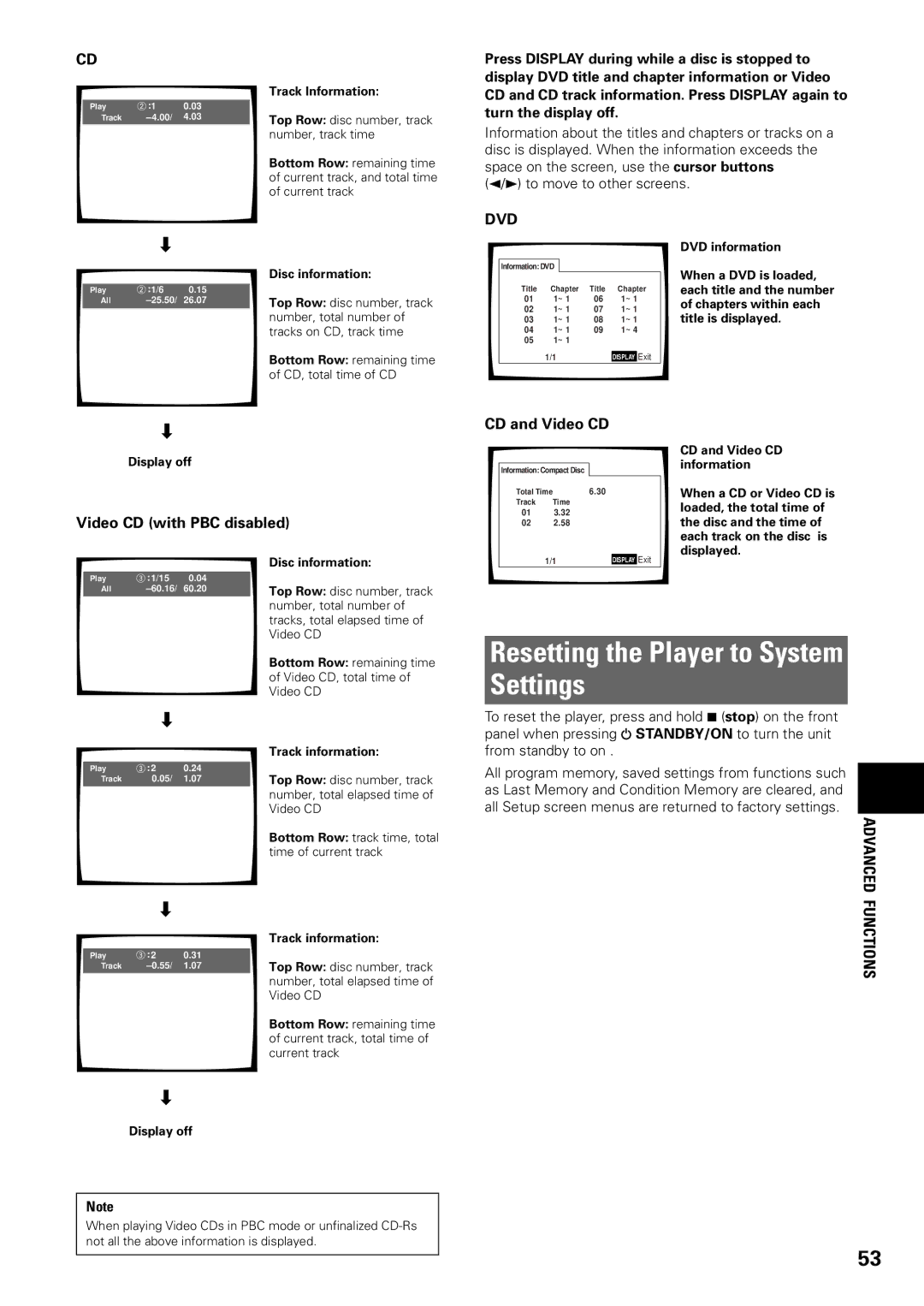 Pioneer DV-C603 Resetting the Player to System Settings, Advanced, Functions, Video CD with PBC disabled CD and Video CD 