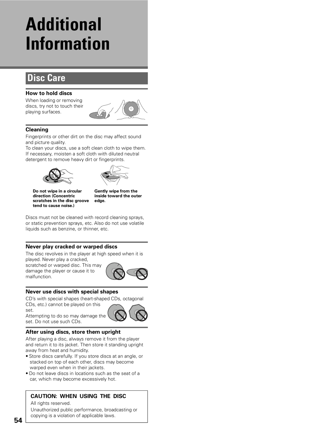 Pioneer DV-C603 operating instructions Additional Information, Disc Care 