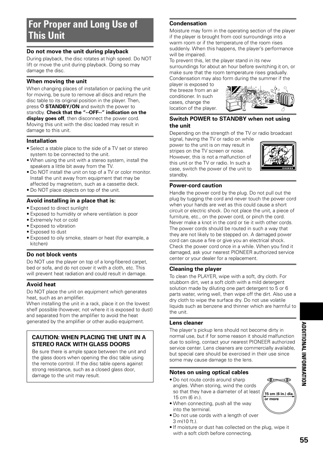 Pioneer DV-C603 operating instructions For Proper and Long Use of This Unit, Additional Information 