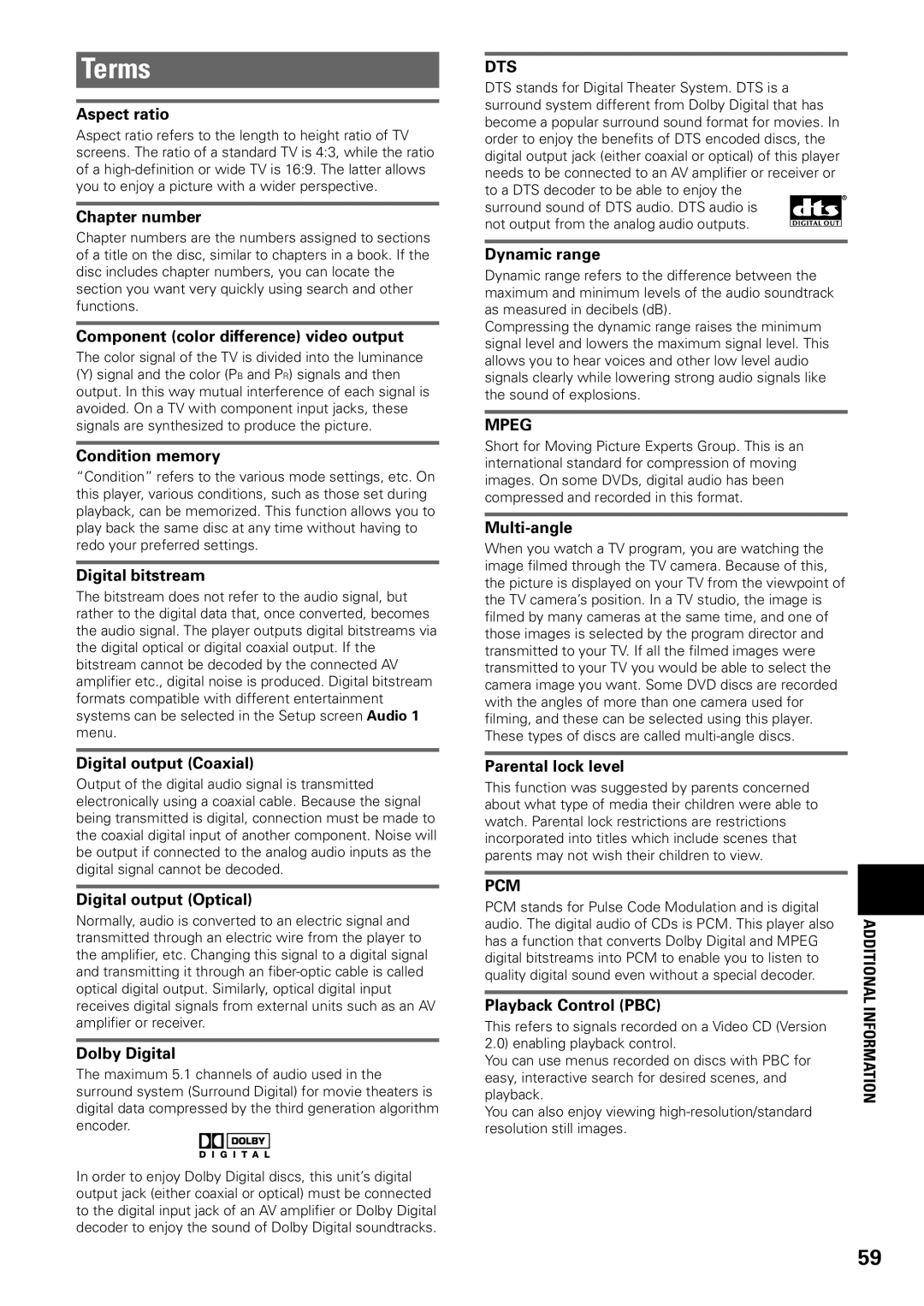 Pioneer DV-C603 operating instructions Terms, Dts, Mpeg, Pcm 