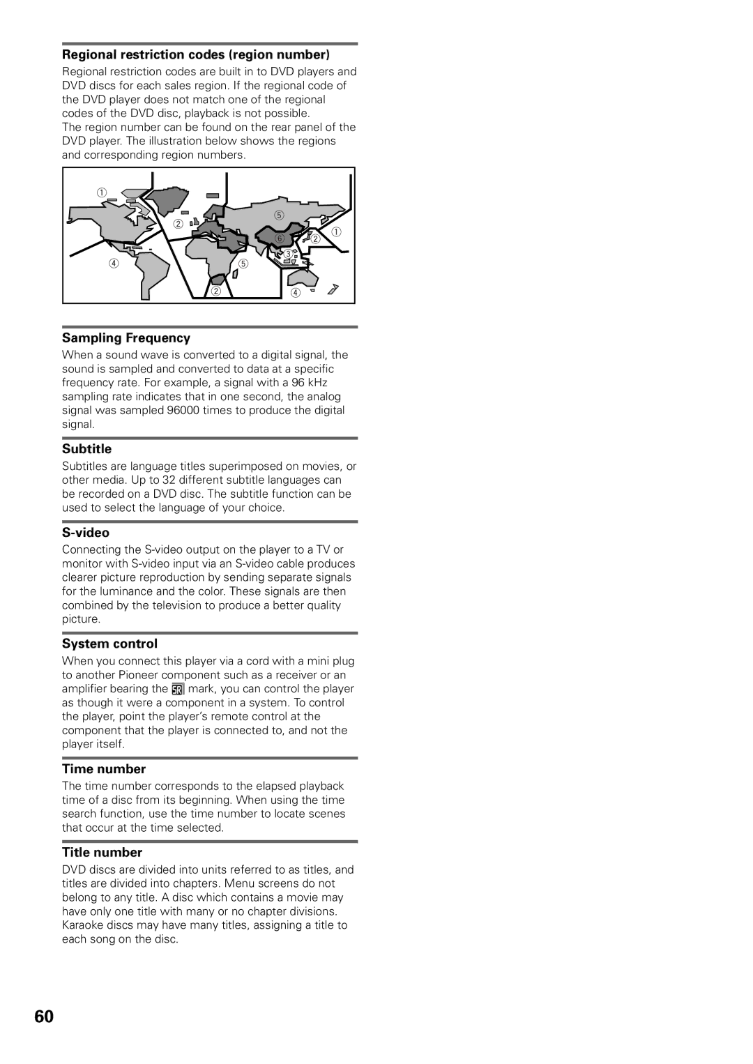 Pioneer DV-C603 Regional restriction codes region number, Sampling Frequency, Subtitle, Video, System control, Time number 