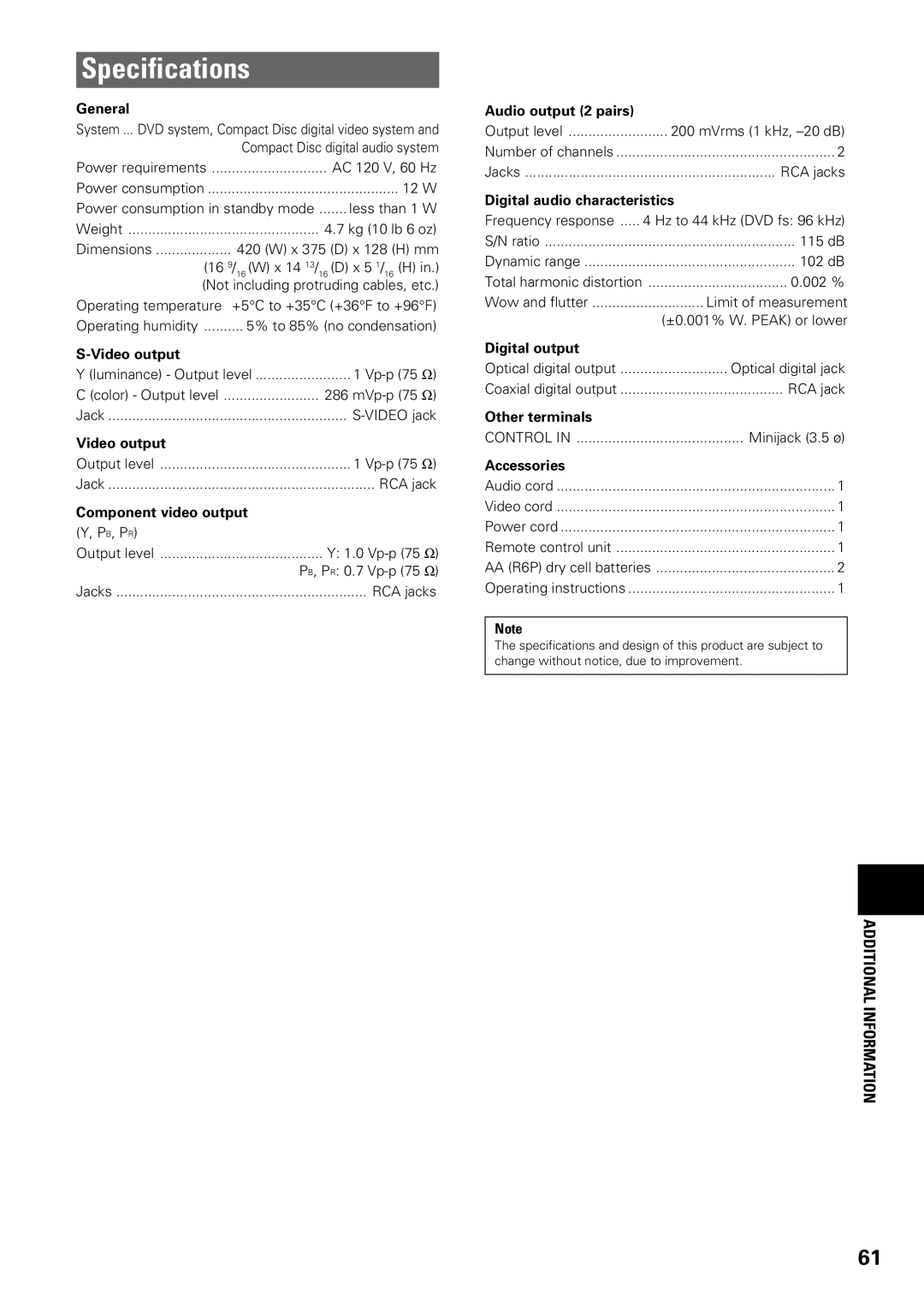 Pioneer DV-C603 operating instructions Specifications 