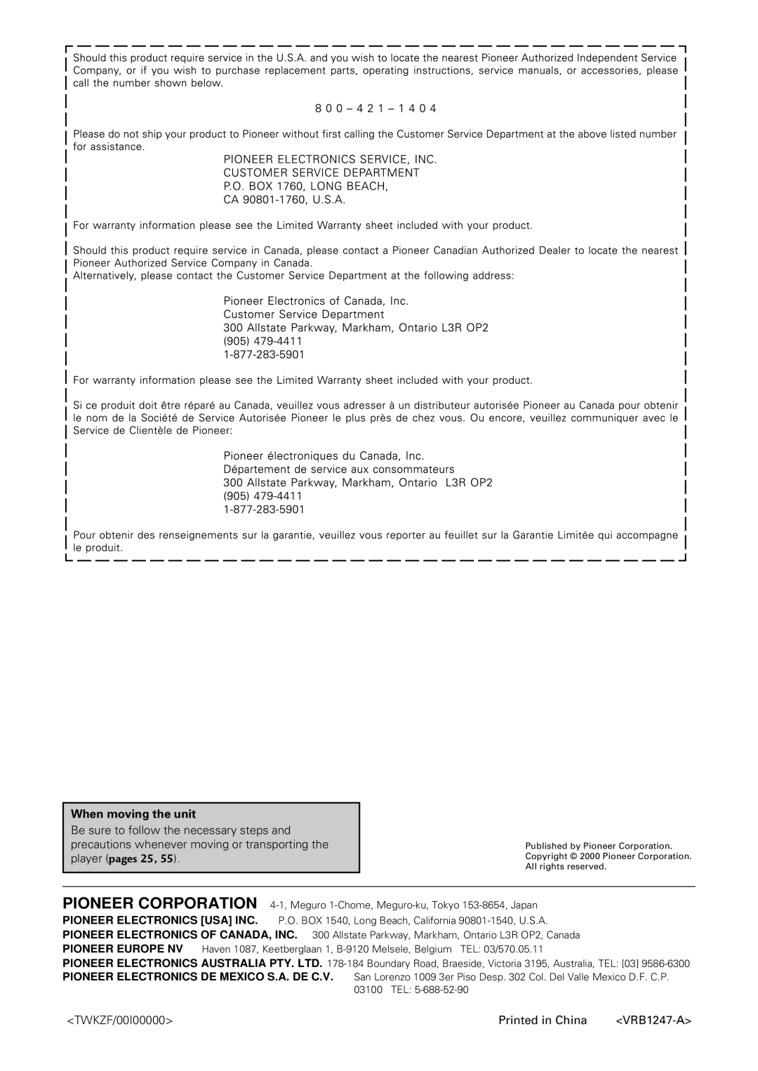 Pioneer DV-C603 operating instructions When moving the unit, TWKZF/00I00000 