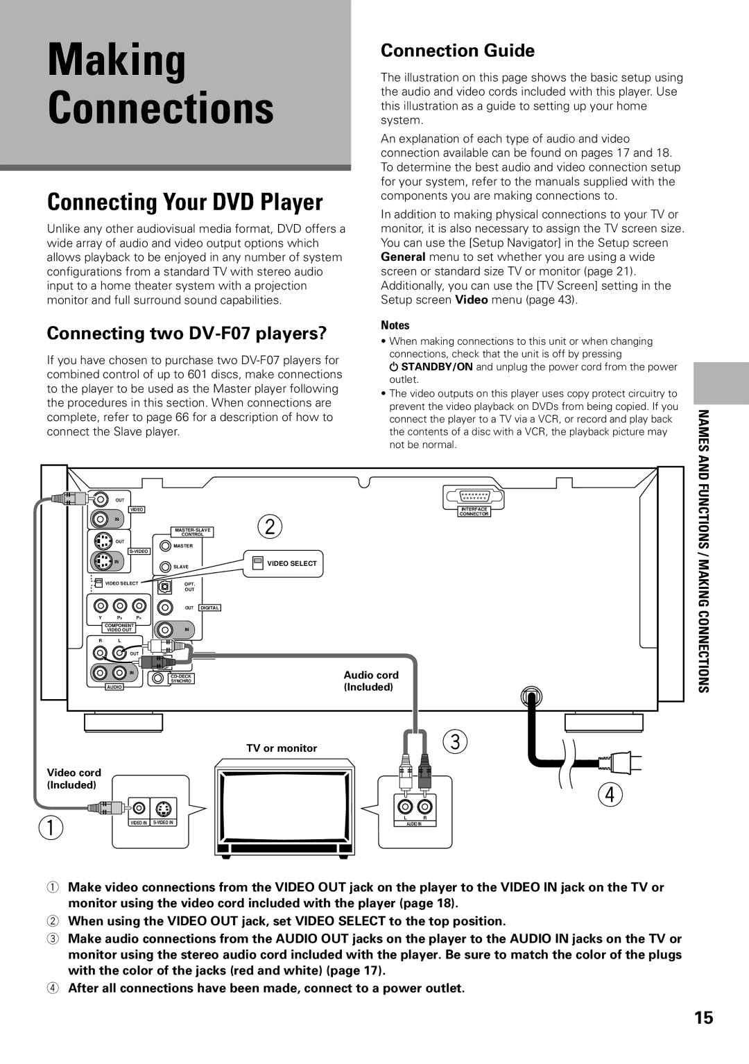 Pioneer operating instructions Connecting Your DVD Player, Connecting two DV-F07 players?, Connection Guide, Names 