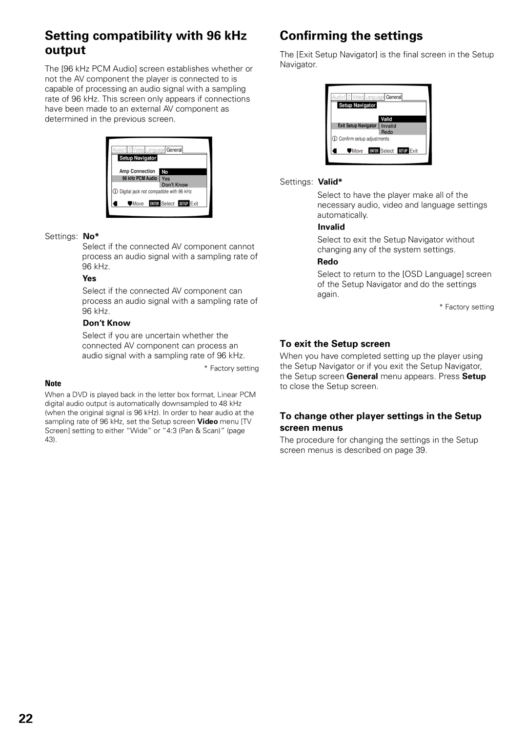 Pioneer DV-F07 Setting compatibility with 96 kHz output, Confirming the settings, To exit the Setup screen 