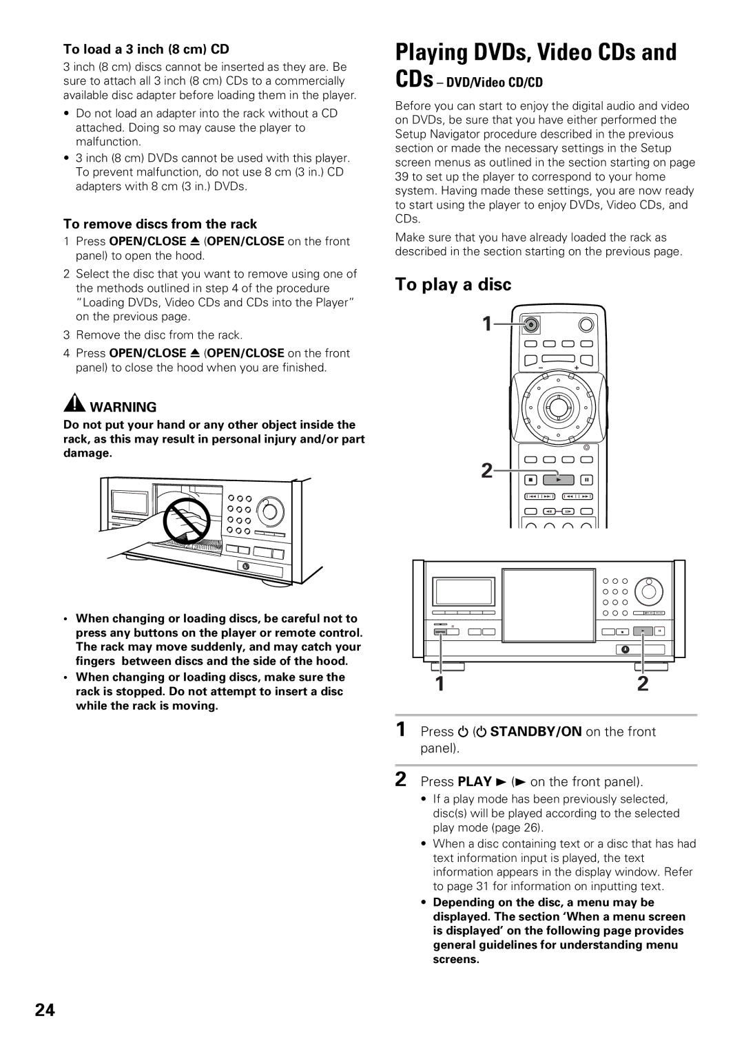 Pioneer DV-F07 Playing DVDs, Video CDs, To play a disc, To load a 3 inch 8 cm CD, To remove discs from the rack 