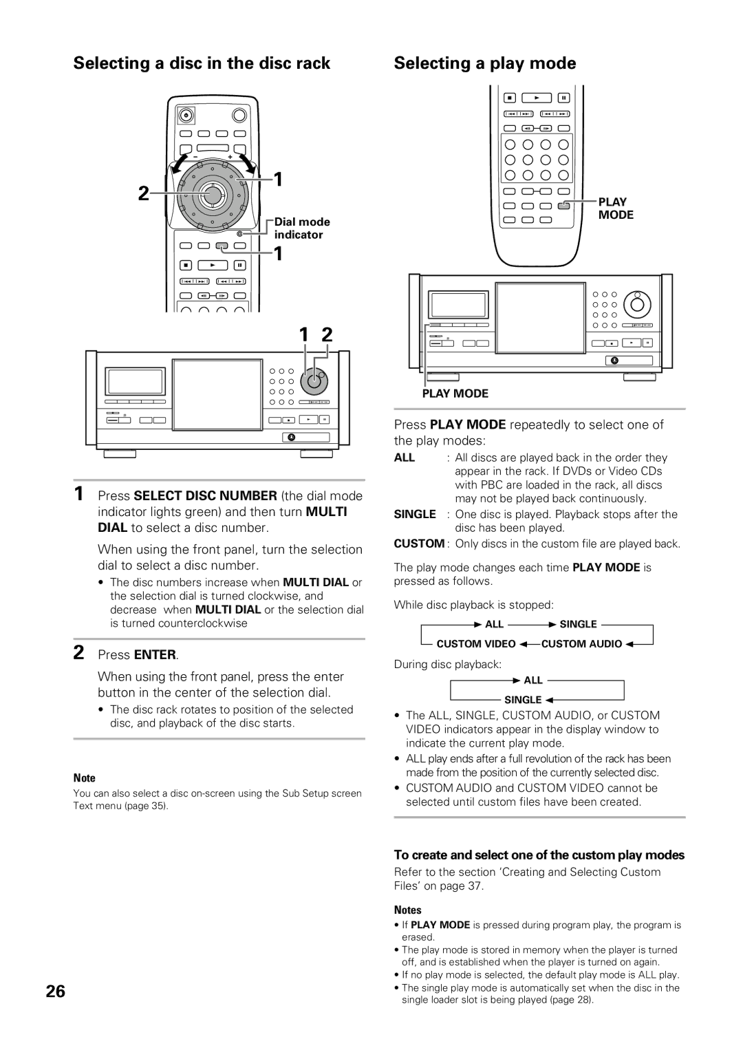 Pioneer DV-F07 Selecting a disc in the disc rack Selecting a play mode, To create and select one of the custom play modes 