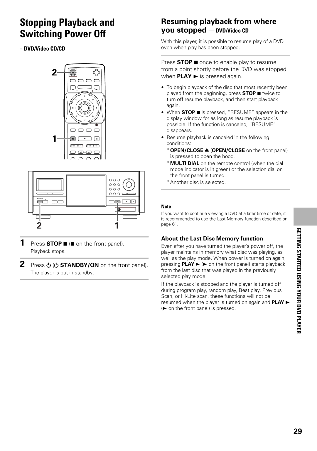 Pioneer DV-F07 Stopping Playback Switching Power Off, Resuming playback from where, You stopped -- DVD/Video CD 