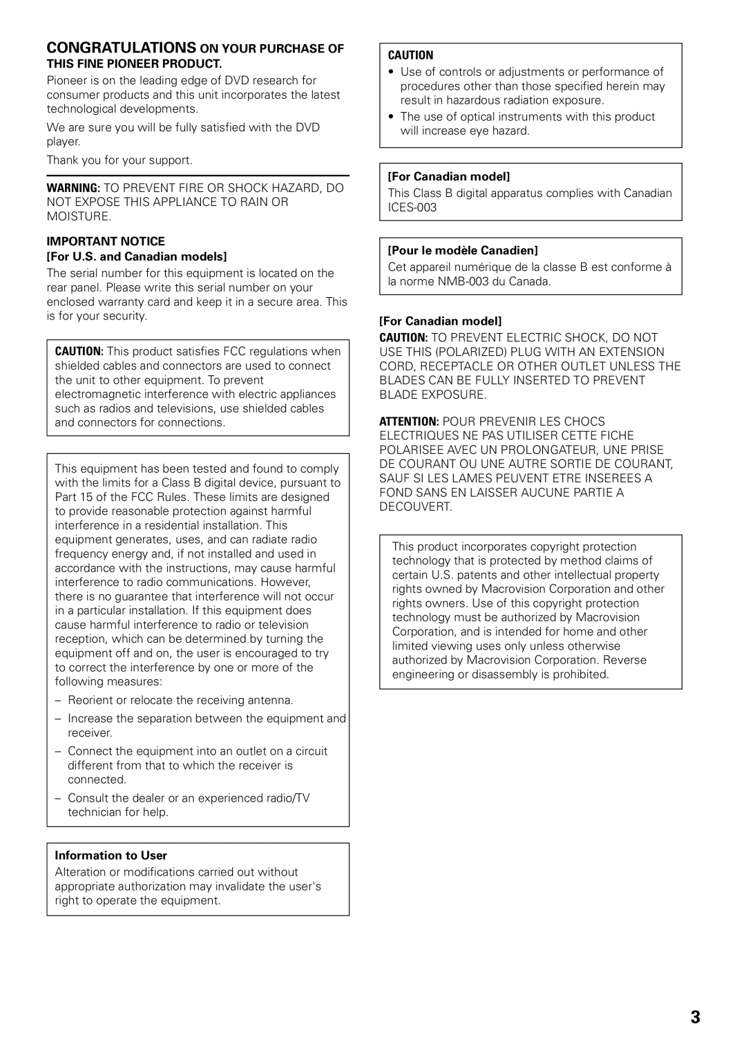 Pioneer DV-F07 Important Notice, For U.S. and Canadian models, Information to User, For Canadian model 