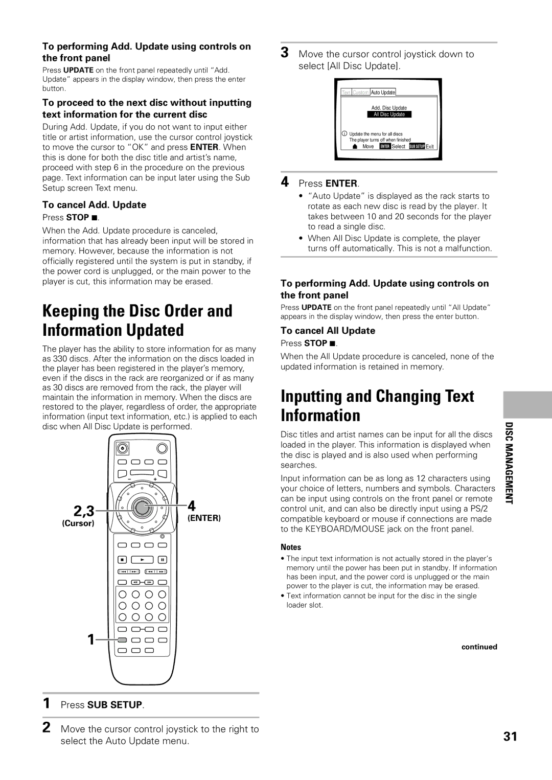 Pioneer DV-F07 Inputting and Changing Text Information, To performing Add. Update using controls on the front panel 