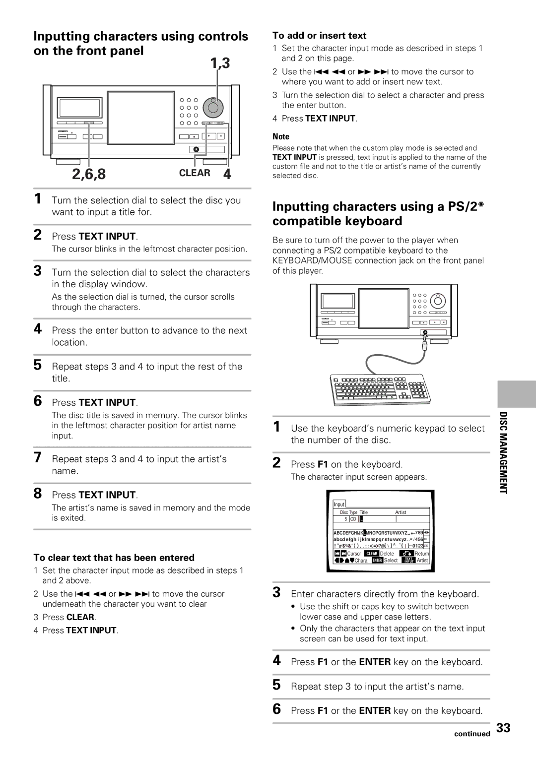 Pioneer DV-F07 operating instructions Inputting characters using controls on the front panel, Clear 