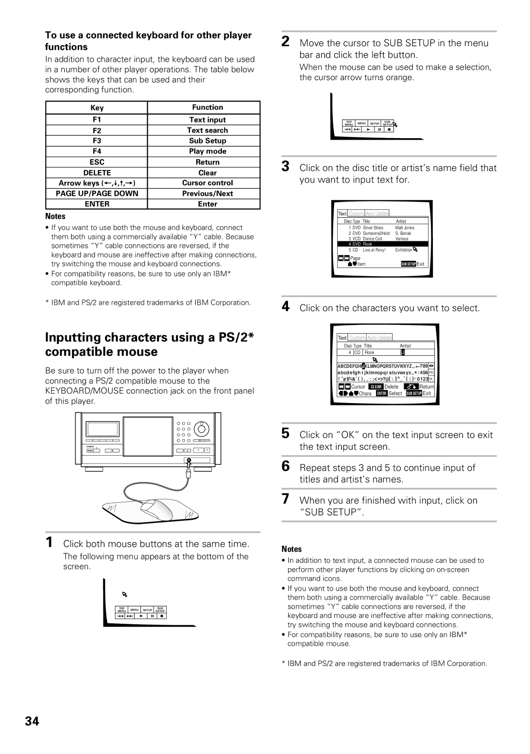 Pioneer DV-F07 Inputting characters using a PS/2* compatible mouse, To use a connected keyboard for other player functions 