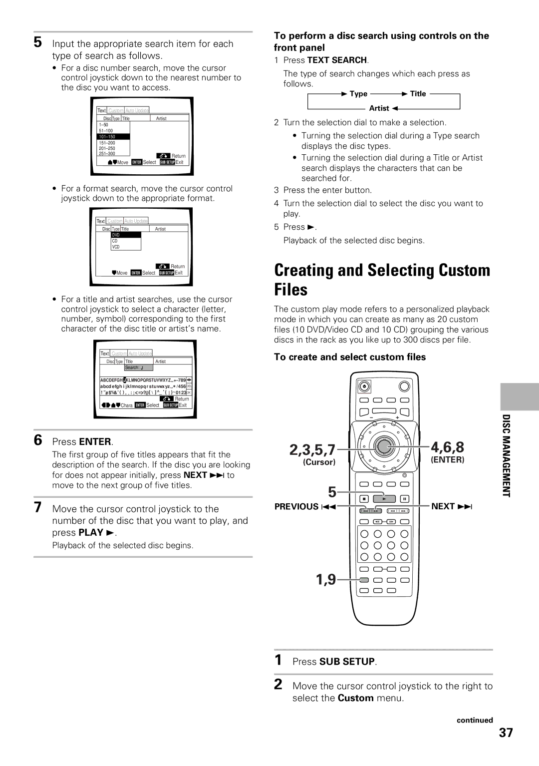 Pioneer DV-F07 Creating and Selecting Custom Files, To perform a disc search using controls on the front panel 