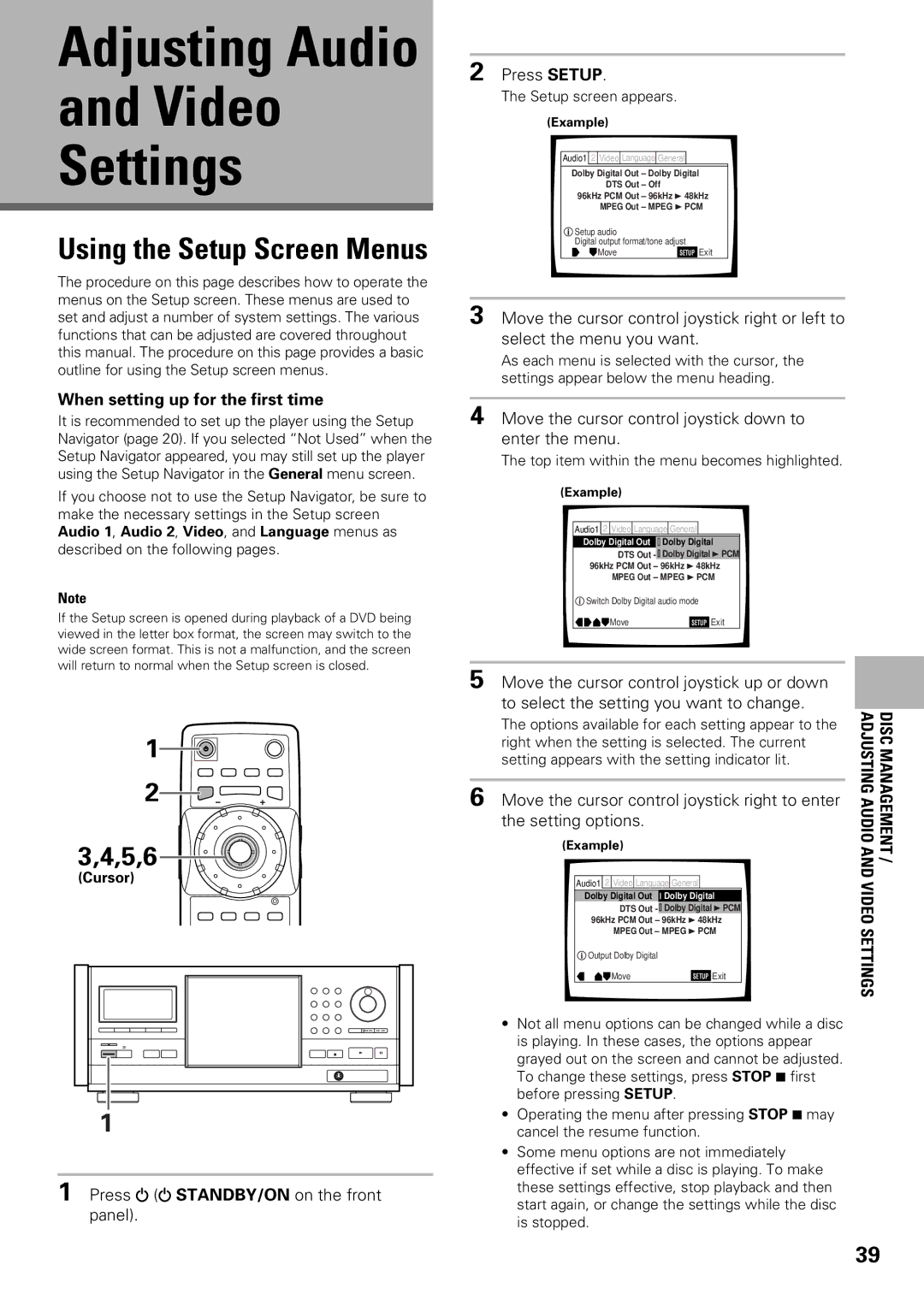 Pioneer DV-F07 operating instructions Video Settings, Press STANDBY/ON on the front panel Press Setup 