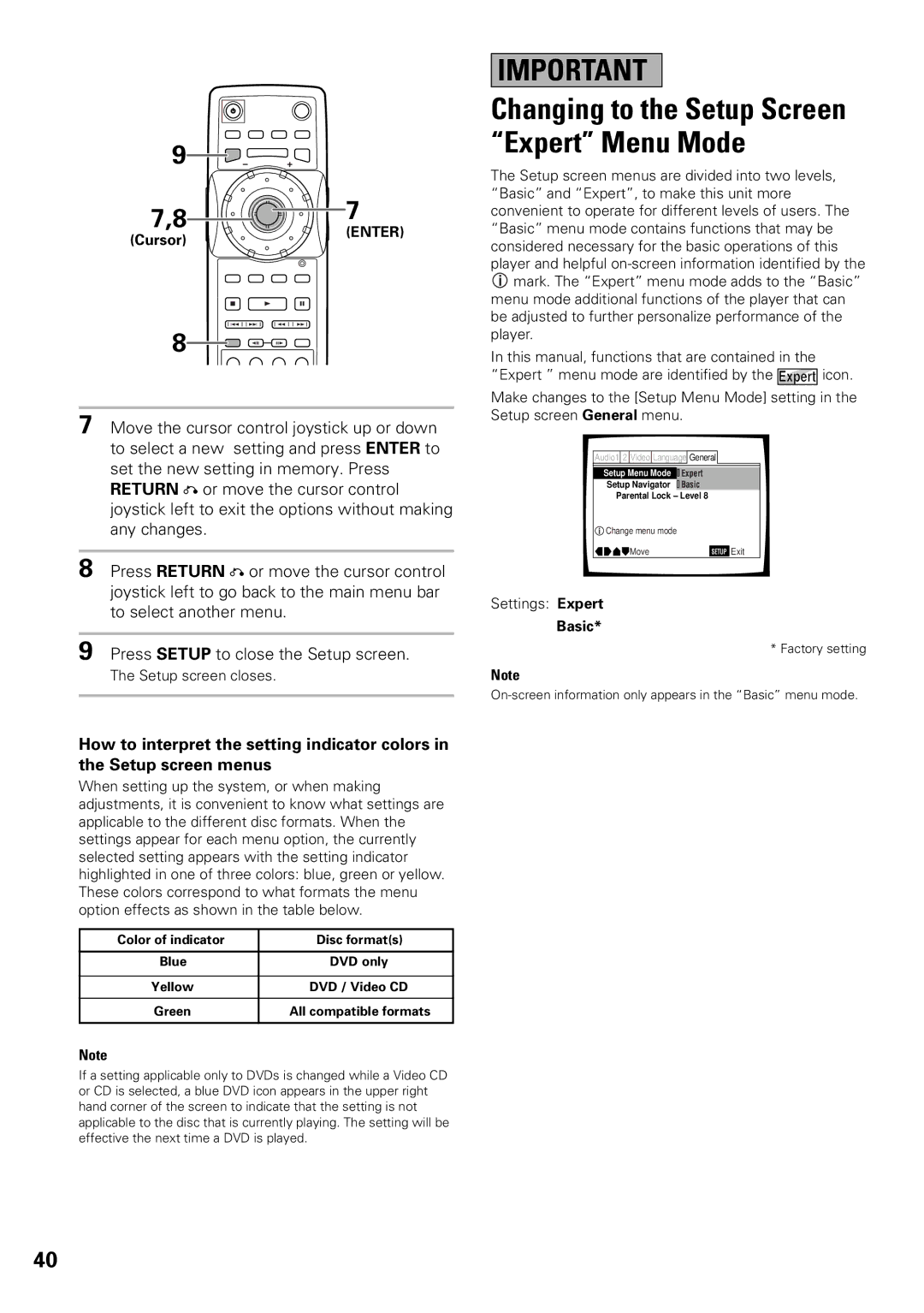 Pioneer DV-F07 Changing to the Setup Screen Expert Menu Mode, Setup screen closes, Settings Expert, Basic 