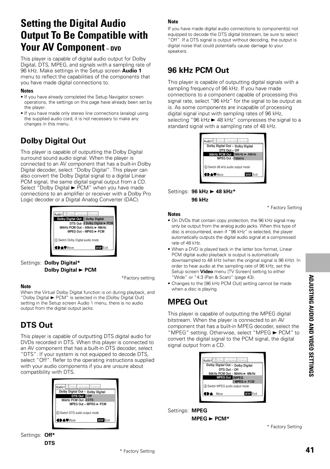 Pioneer DV-F07 operating instructions Dolby Digital Out, DTS Out, KHz PCM Out, Mpeg Out, Adjusting Audio and Video Settings 