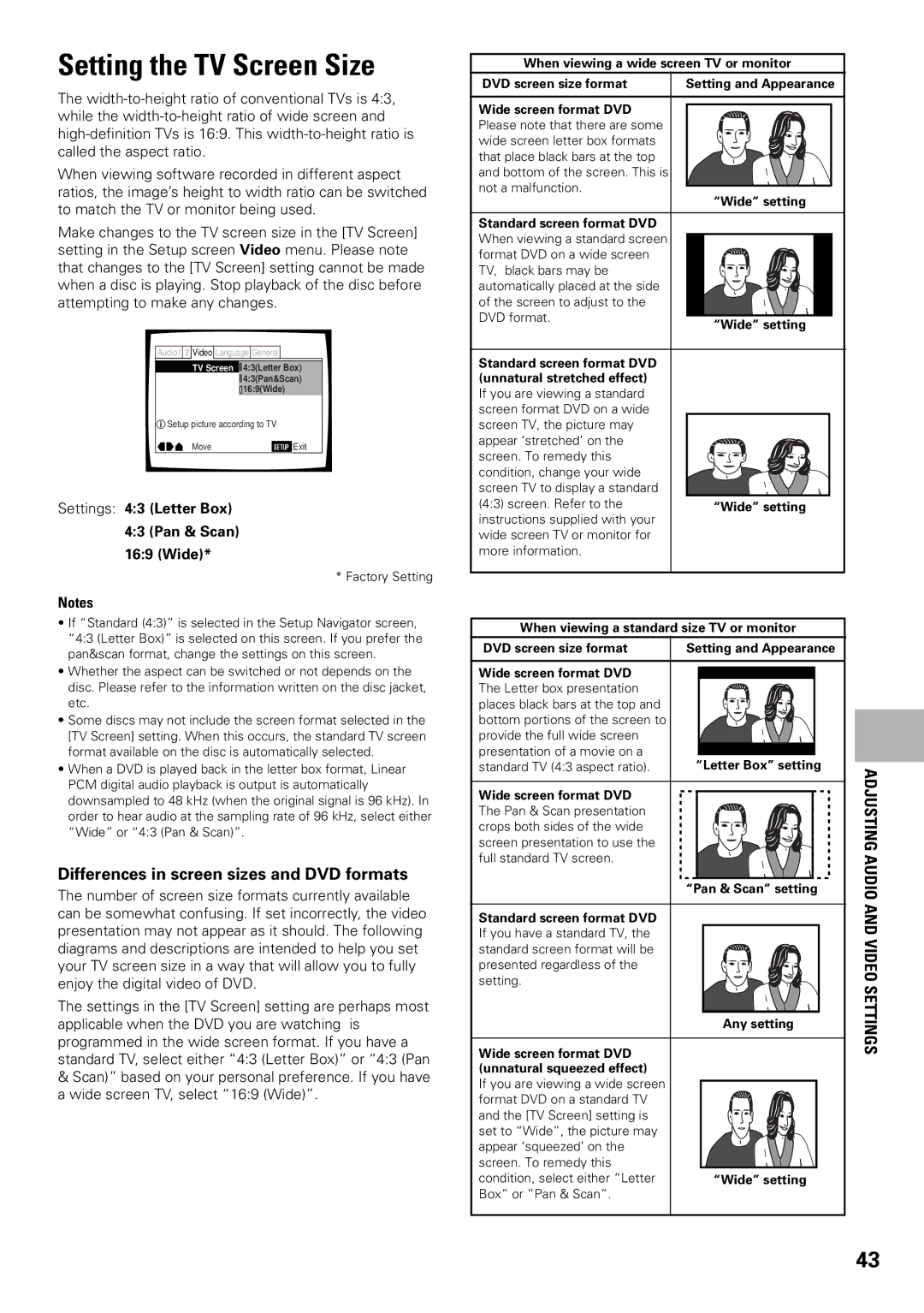 Pioneer DV-F07 operating instructions Setting the TV Screen Size, Differences in screen sizes and DVD formats 