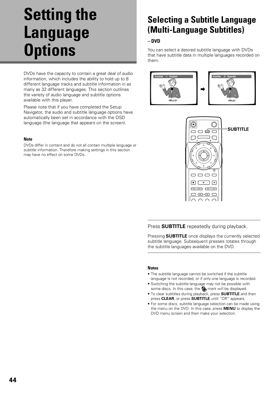 Pioneer DV-F07 operating instructions Setting Language Options, Selecting a Subtitle Language Multi-Language Subtitles, Dvd 