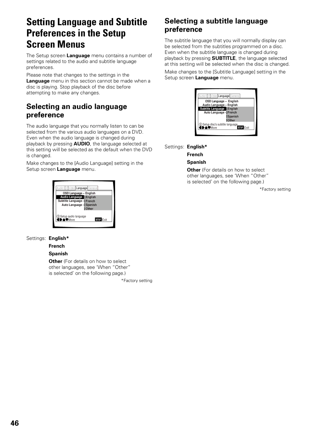 Pioneer DV-F07 Preferences in the Setup Screen Menus, Selecting an audio language preference, French Spanish 