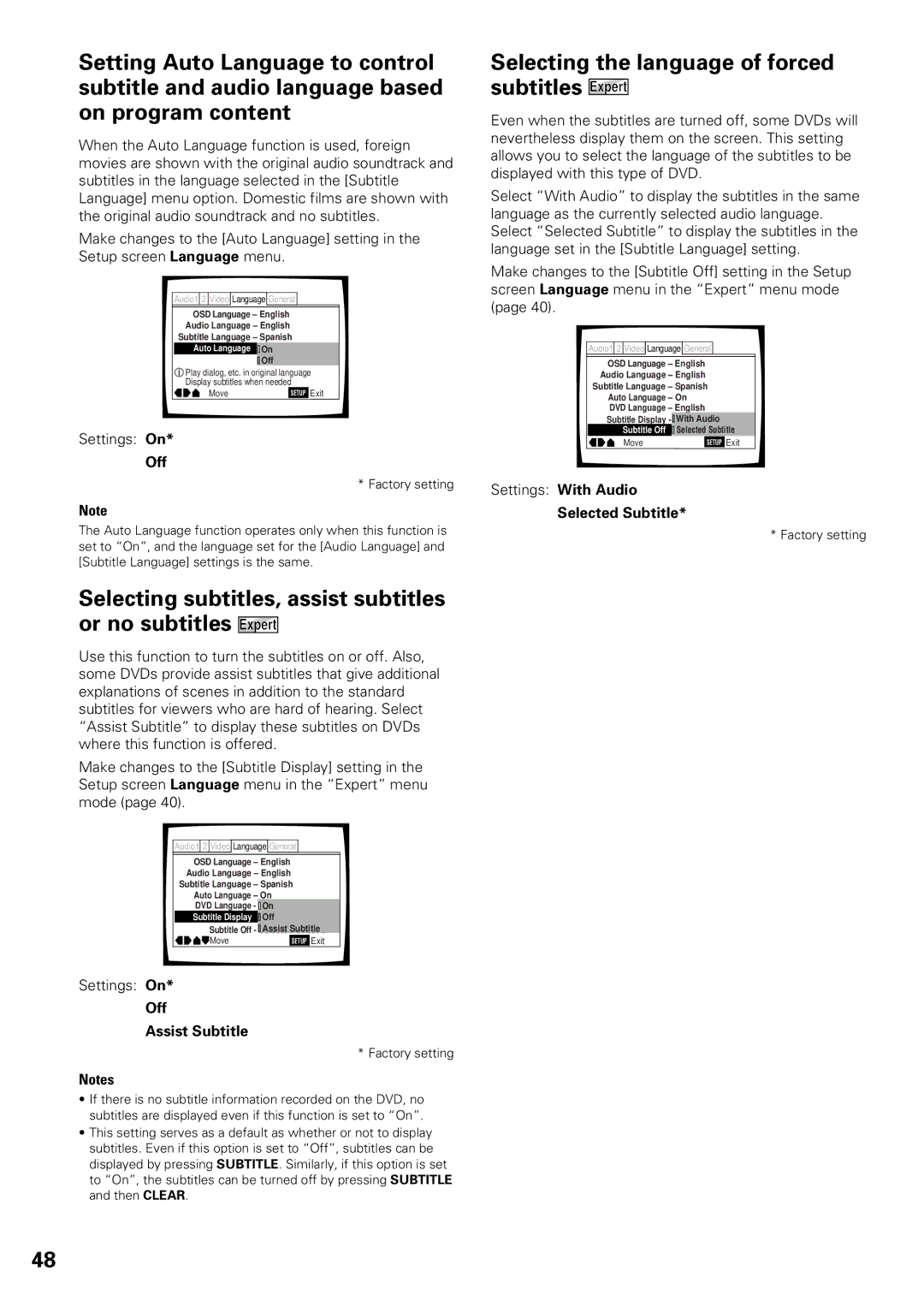 Pioneer DV-F07 Selecting the language of forced subtitles Expert, Off Assist Subtitle, Settings With Audio 
