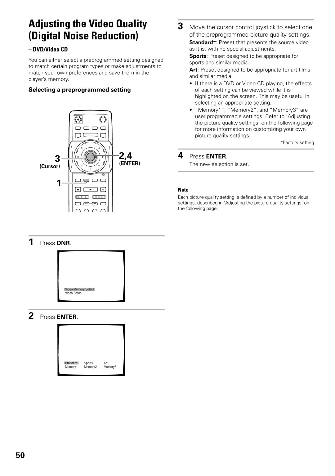 Pioneer DV-F07 Adjusting the Video Quality Digital Noise Reduction, DVD/Video CD, Selecting a preprogrammed setting 