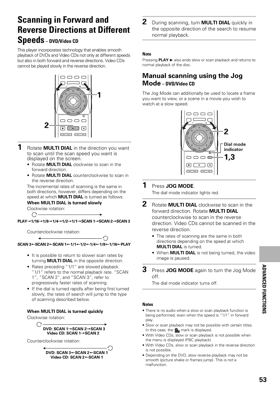 Pioneer DV-F07 operating instructions Manual scanning using the Jog, Speeds DVD/Video CD, Mode DVD/Video CD, Press JOG Mode 