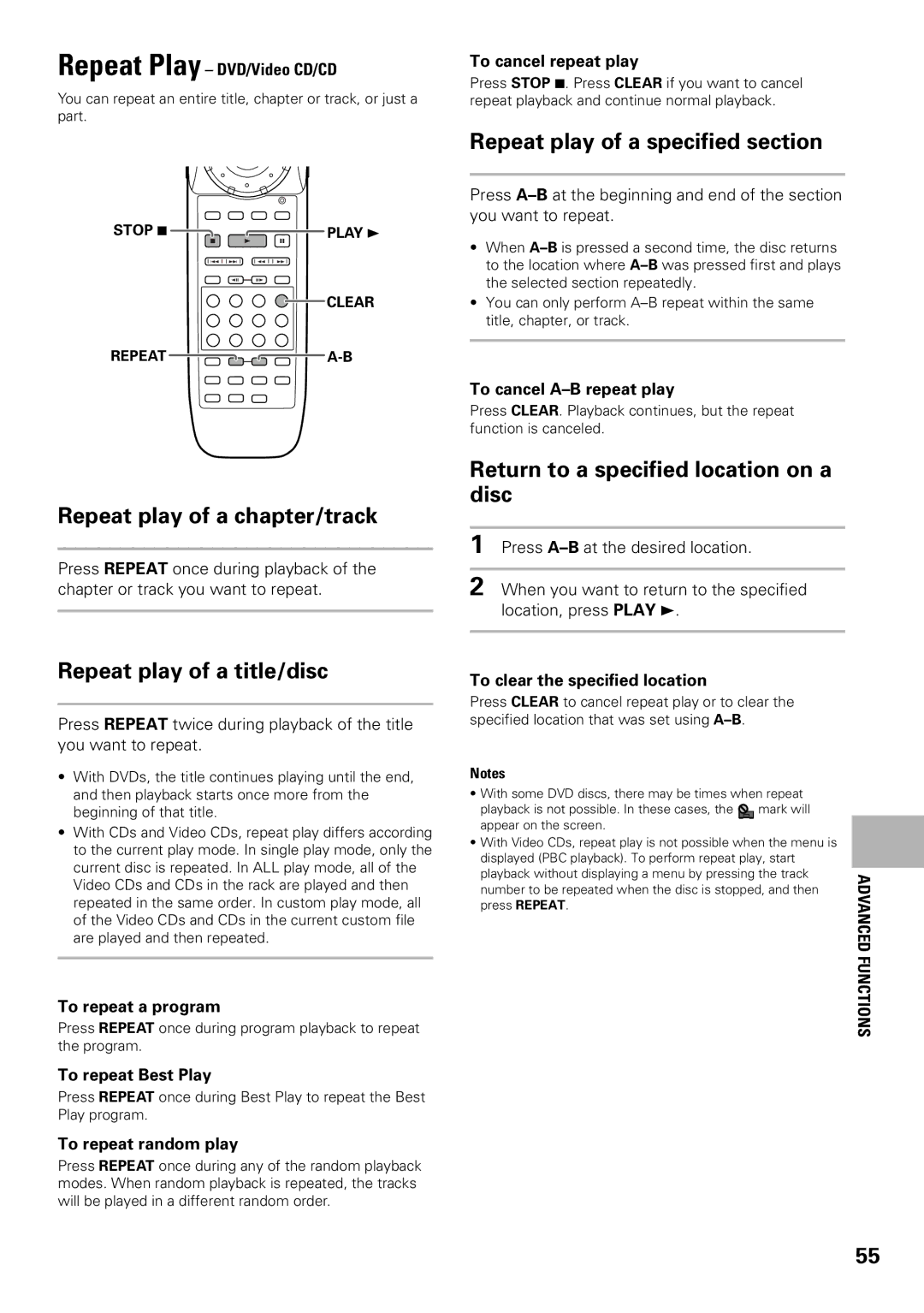 Pioneer DV-F07 Repeat play of a chapter/track, Repeat play of a title/disc, Repeat play of a specified section, Functions 