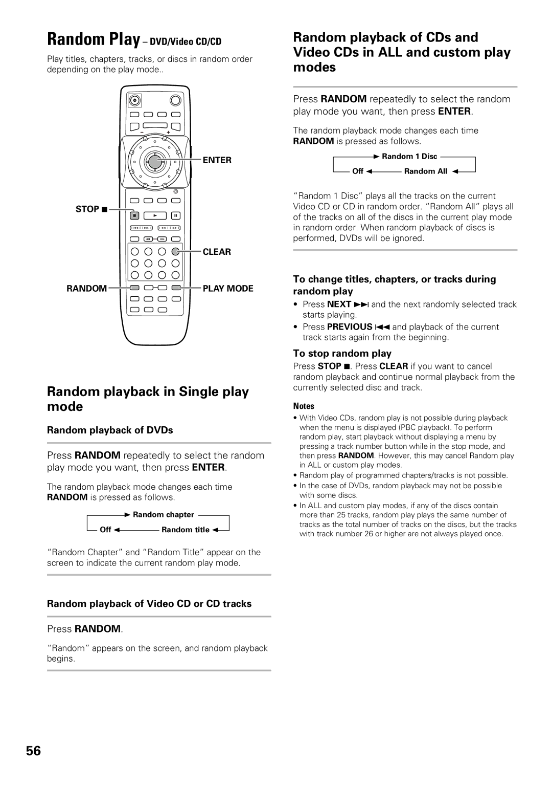 Pioneer DV-F07 operating instructions Random playback in Single play mode 