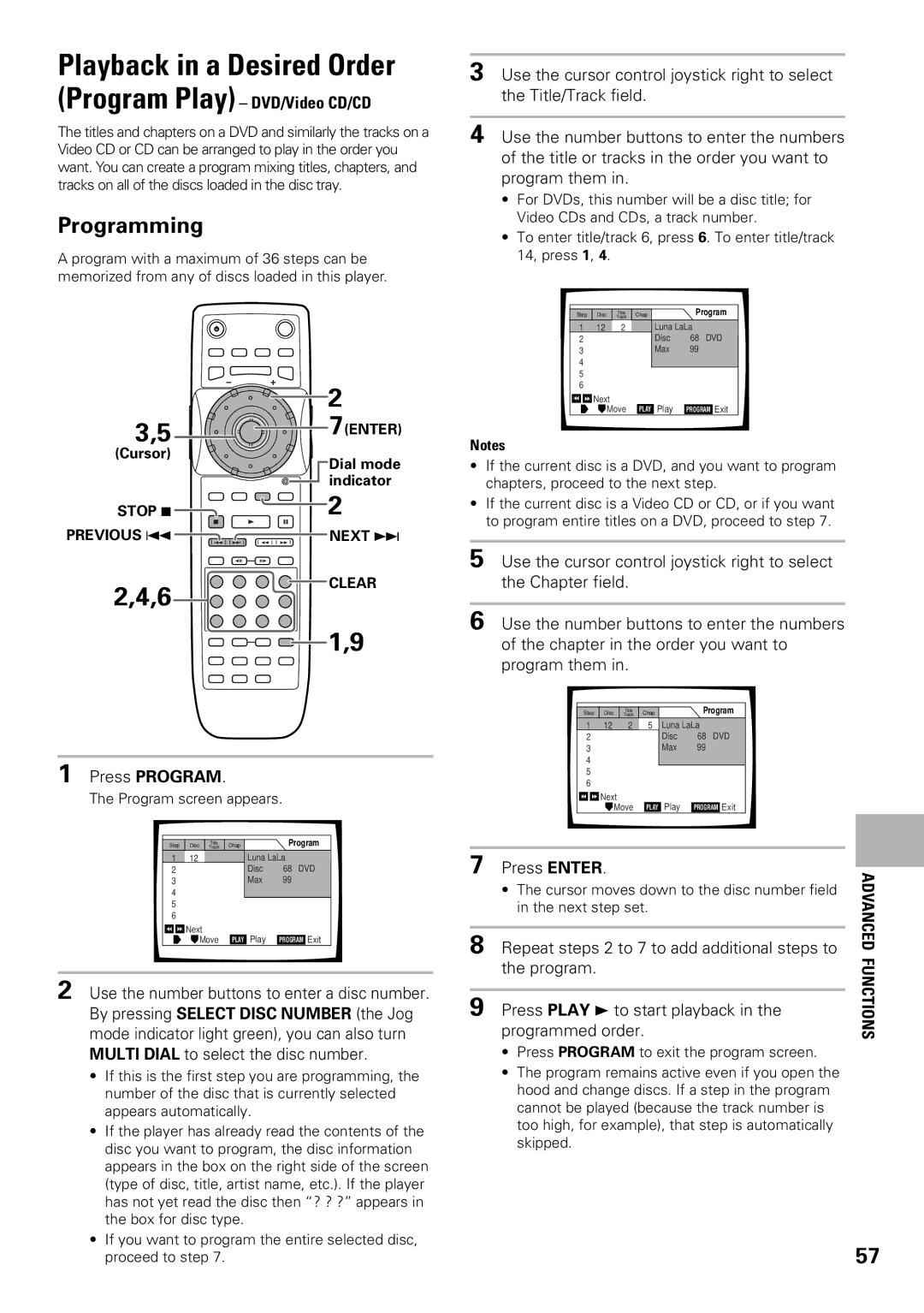 Pioneer DV-F07 operating instructions Playback in a Desired Order, Programming, Program Play DVD/Video CD/CD 