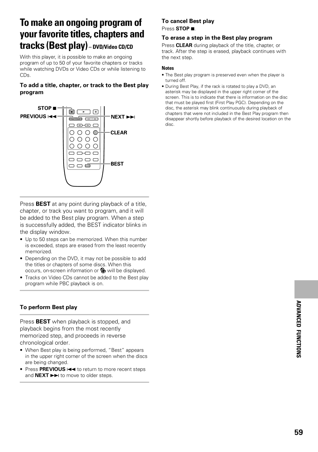 Pioneer DV-F07 To add a title, chapter, or track to the Best play program, To cancel Best play, To perform Best play 