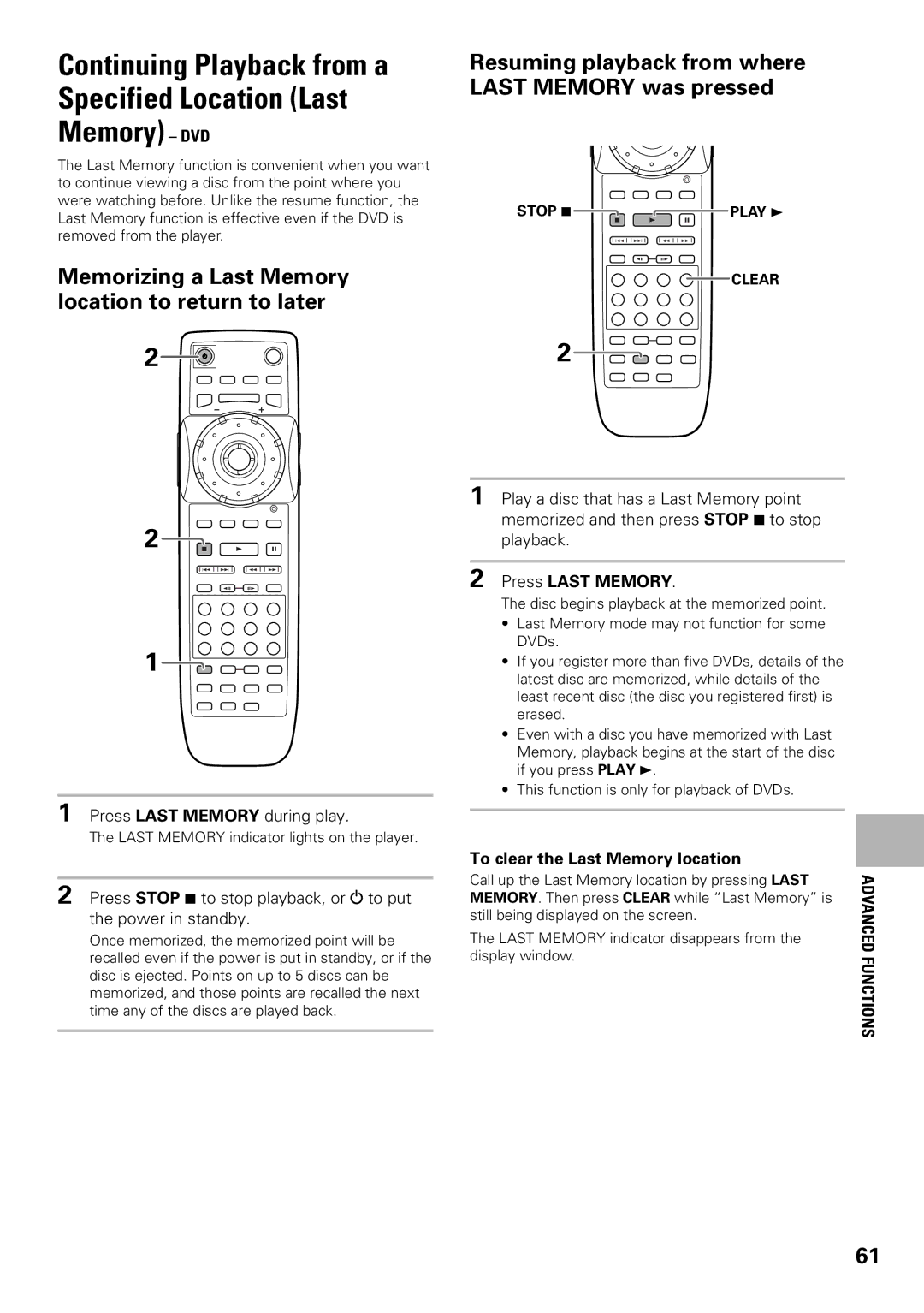 Pioneer DV-F07 Memorizing a Last Memory location to return to later, Resuming playback from where Last Memory was pressed 